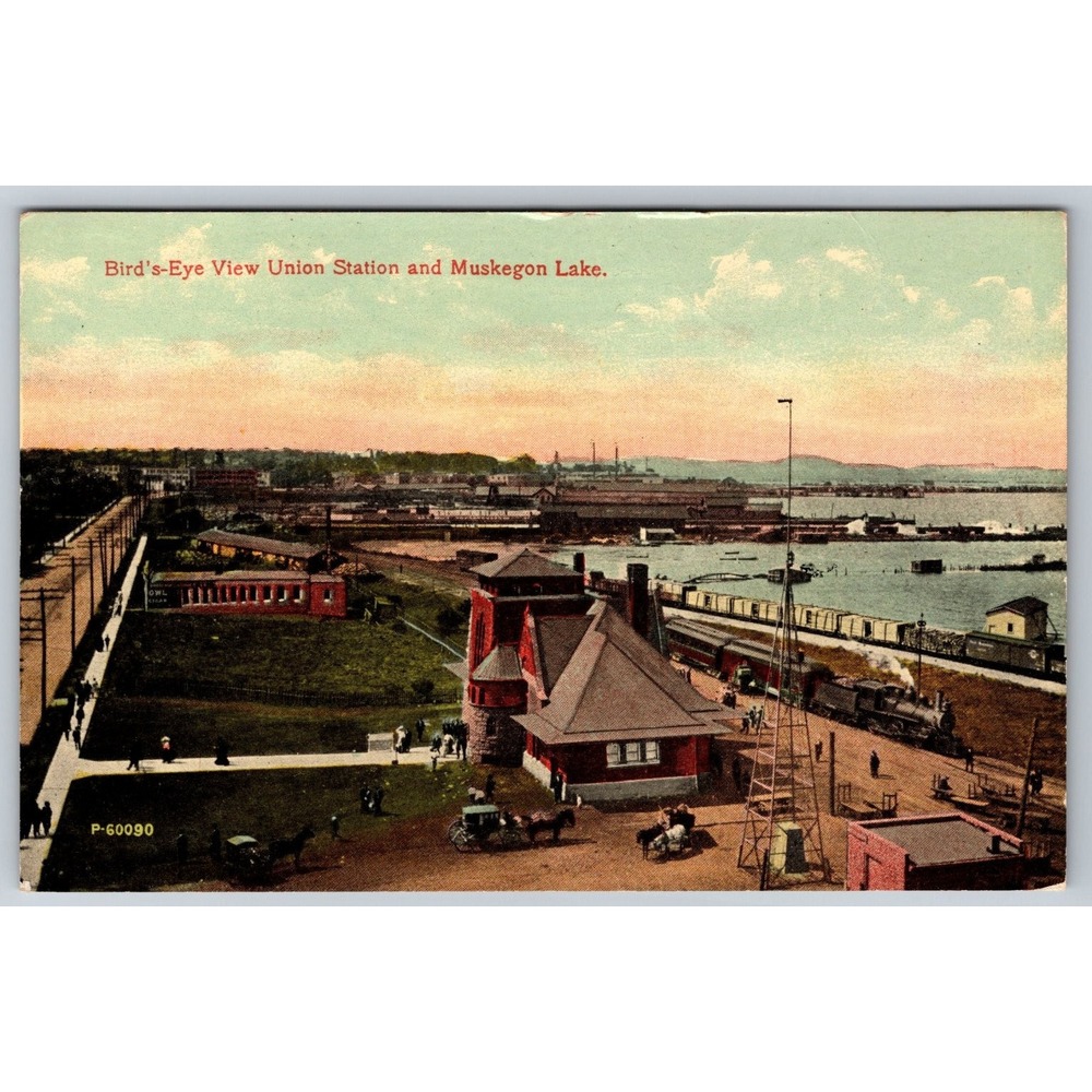 Muskegon MI Union Station Muskegon Lake Bird's-Eye View Postcard 1910s PC 194